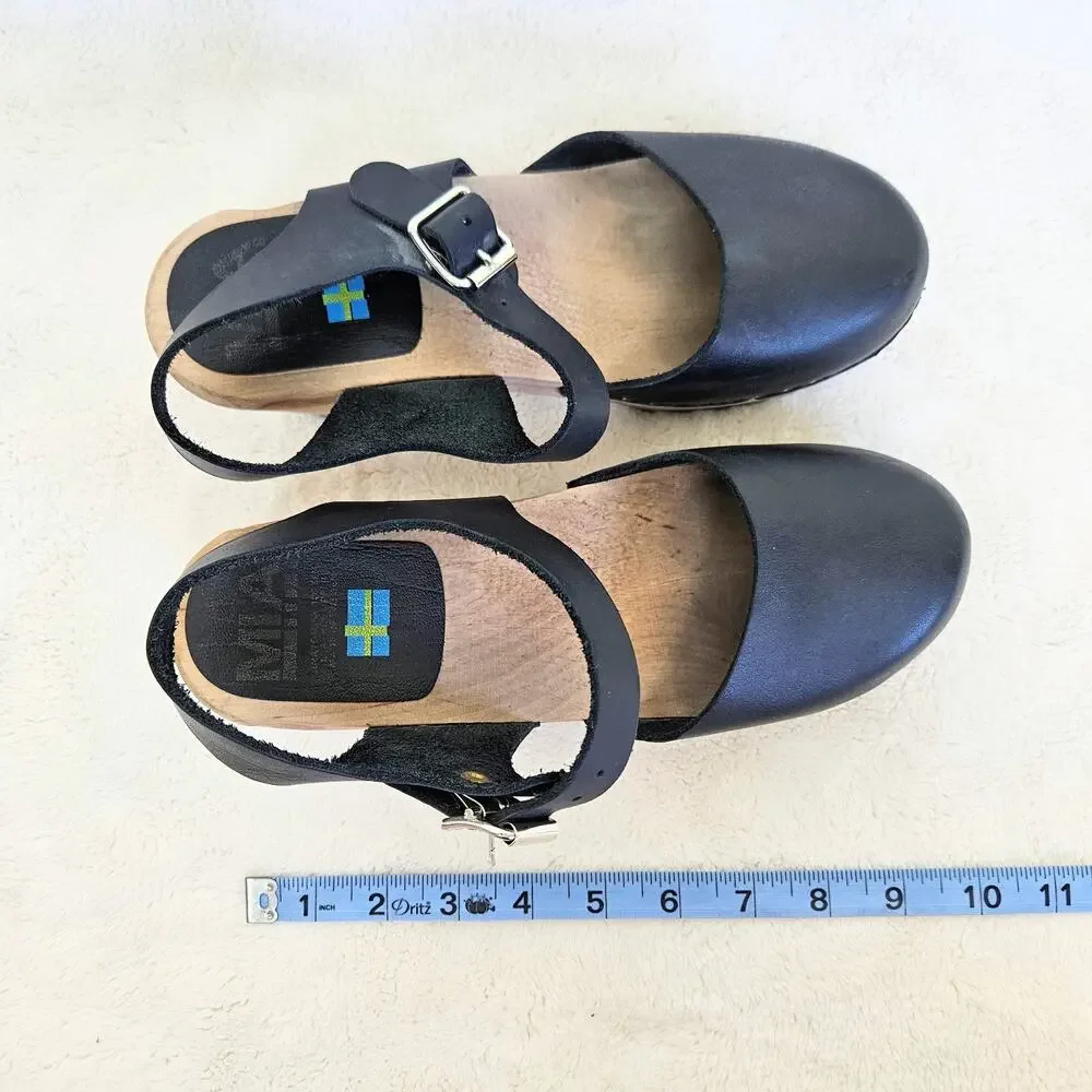 Mia Abba Wood Swedish Clog Platform Sandals Black Leather Size EU 38 US 7.5/8 - Picture 7 of 8